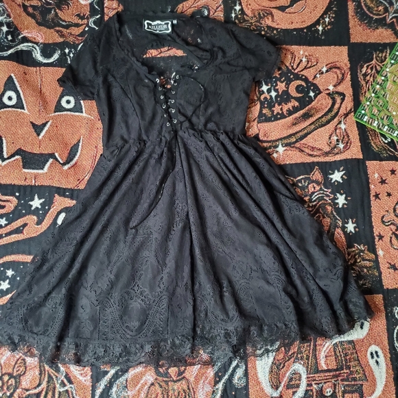 Killstar Dresses & Skirts - Killstar Bella Morte Black Lace Dress With Lace Up Front And Cut Out Back